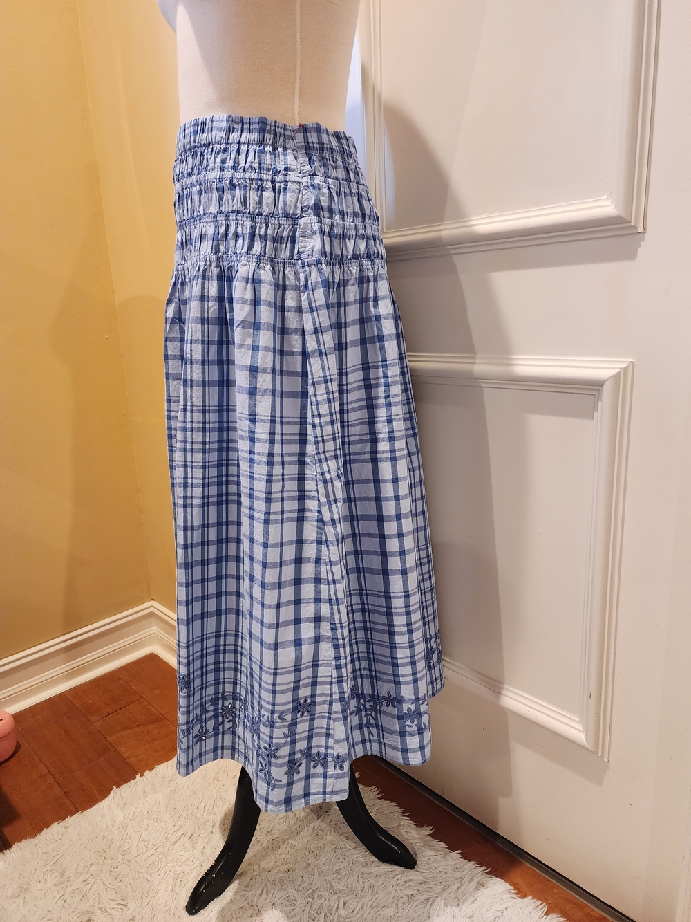 Smocked Waist Light Blue Plaid Maxi Skirt with Embroidered Hem - Picture 2 of 5